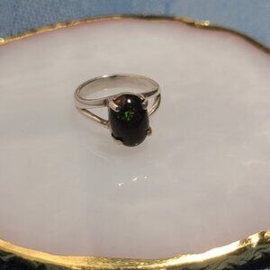 Natural Black Opal Ring Sterling Silver 925 Sz 5.25 Oval Cabochon Red Green Fire